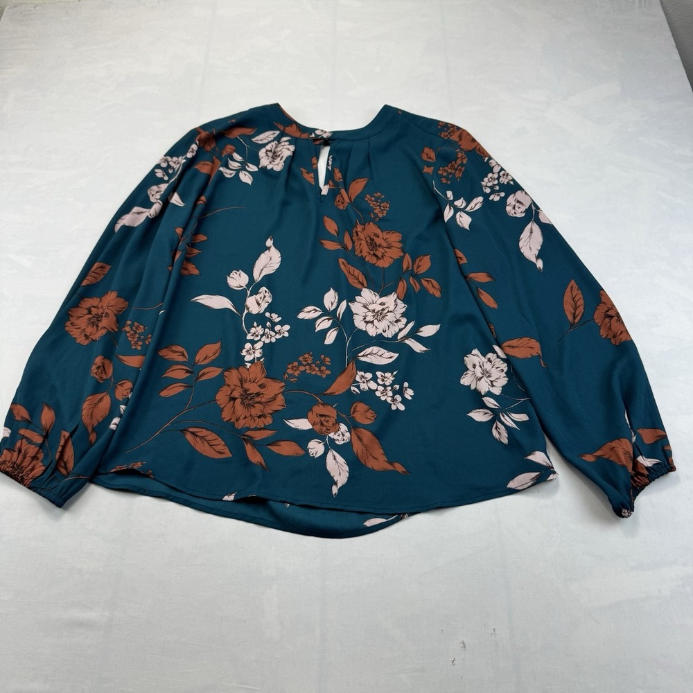 Maurices Teal Rust Floral Keyhole Blouse Long Sleeve Women's L